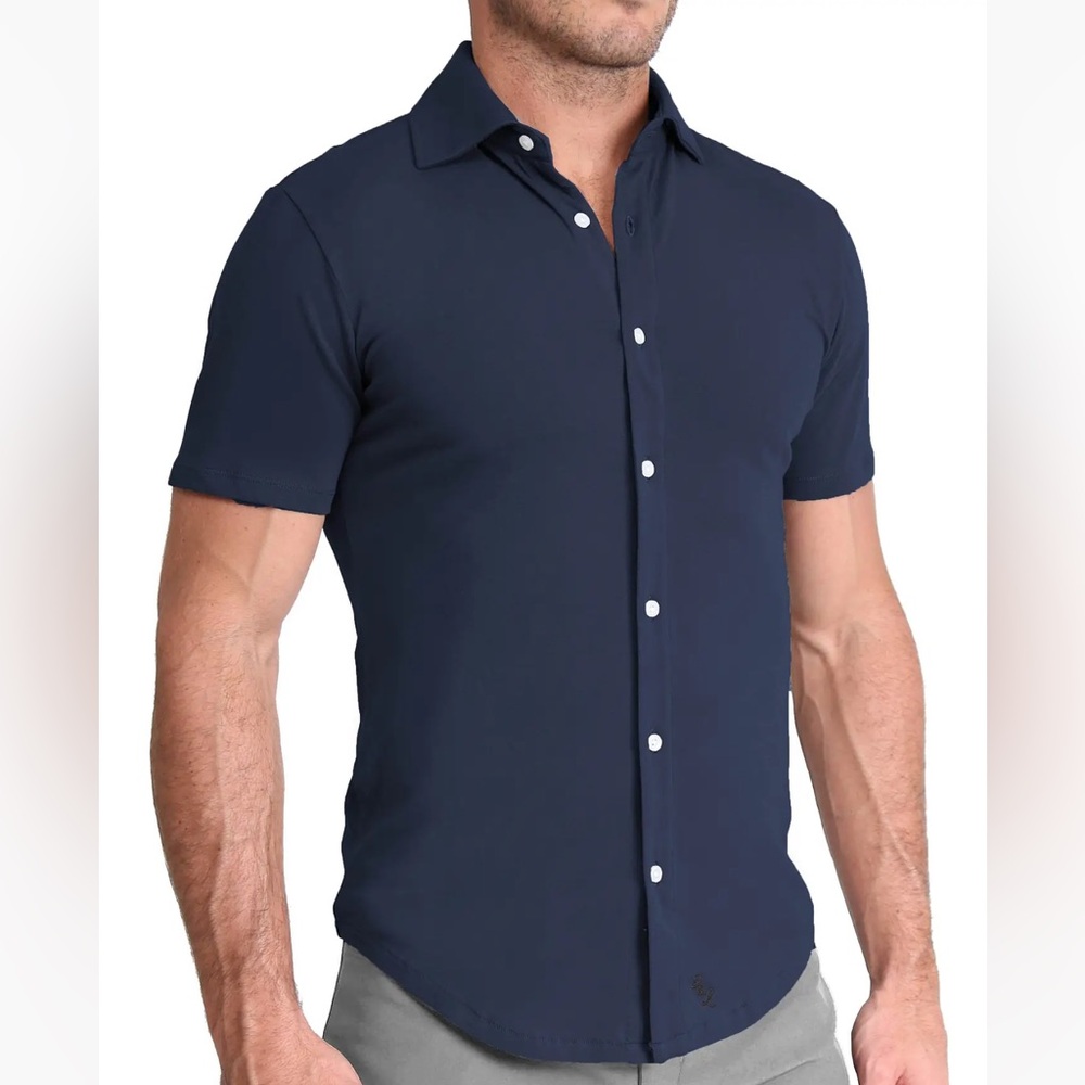 State & Liberty Shirt Mens Medium Athletic Fit Blue Stretch Short Sleeve Button
